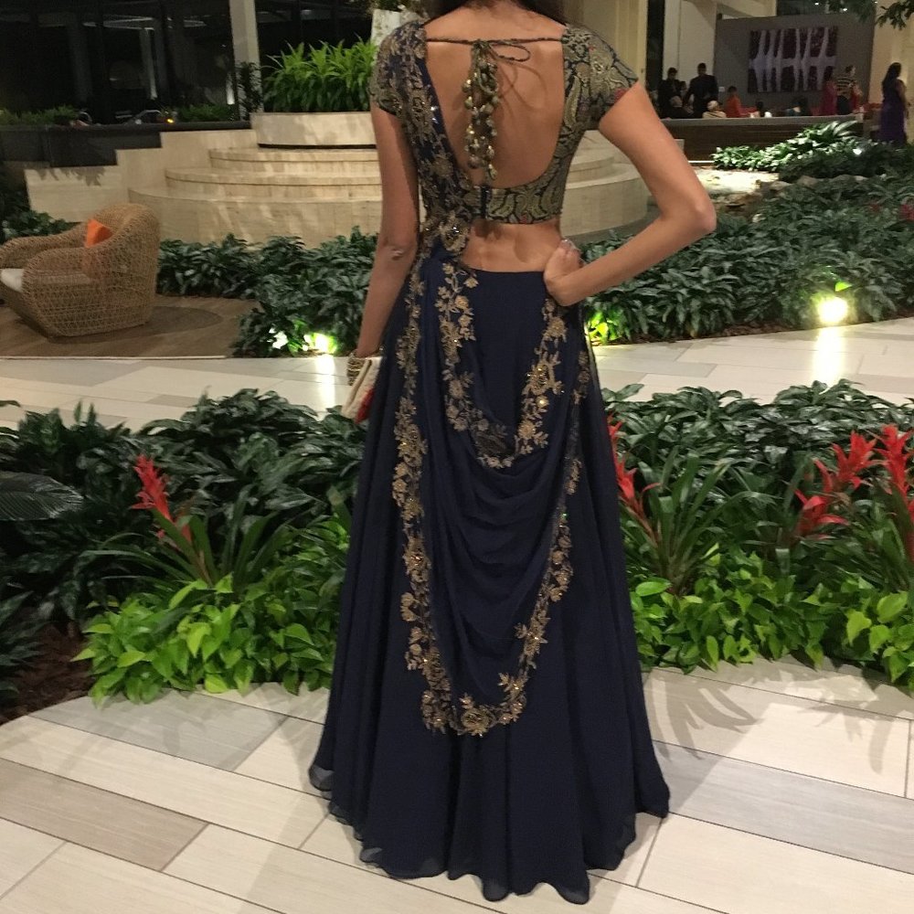 Navy Blue & Golden Trendy Lehenga - Indian Dress